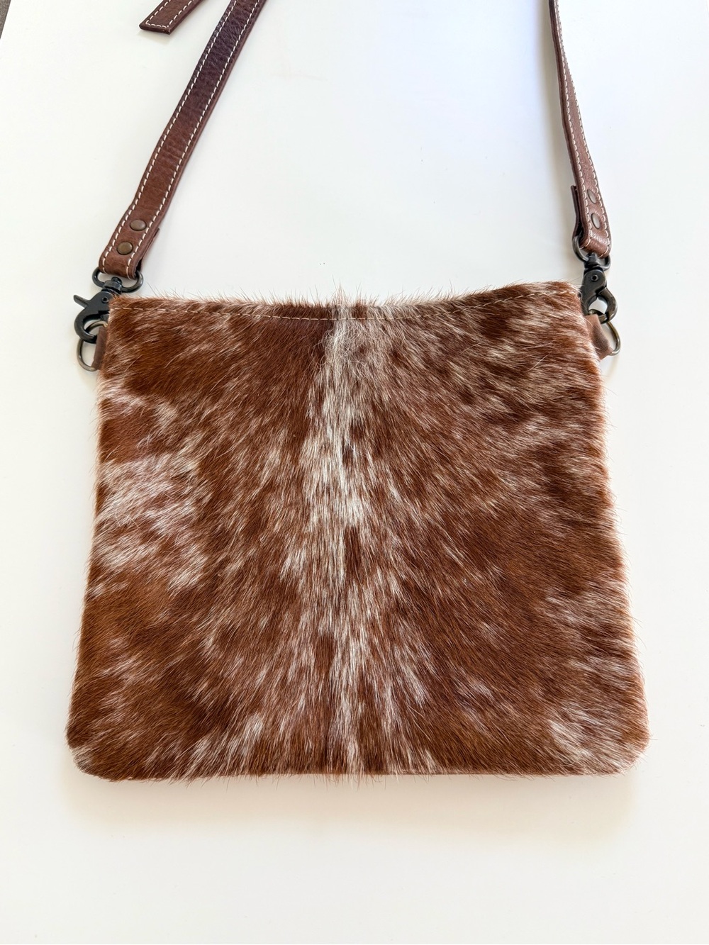 Brown and White Cowhide Crossbody Bag